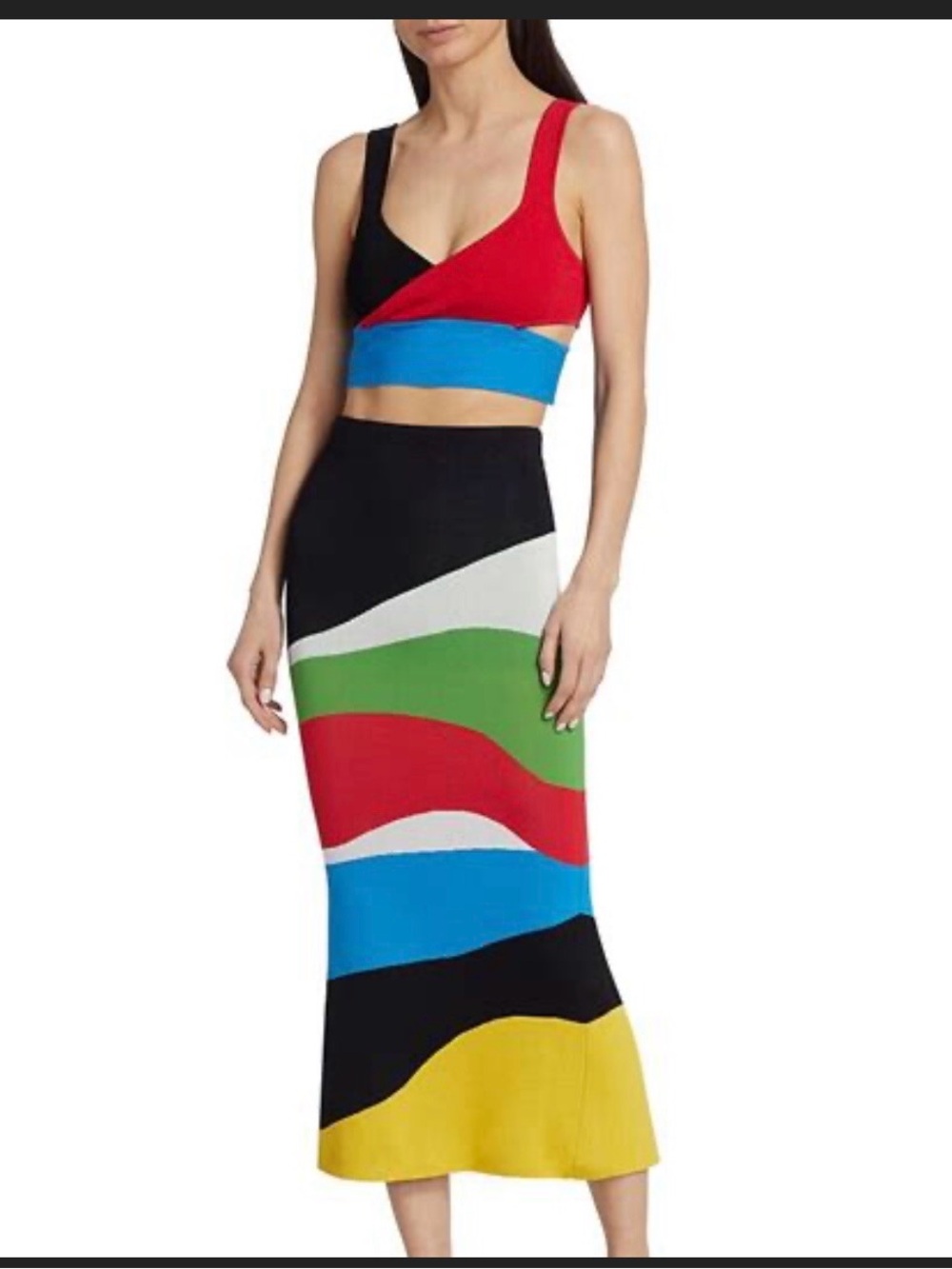 STAUD Multicolor Wave-Panel Midi Skirt in Black, Red, Blue, Green, Yellow